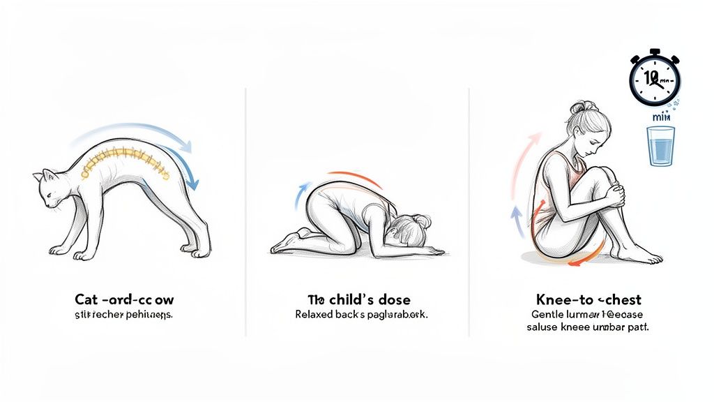 Illustrations of cat-cow, child's pose, and knee-to-chest yoga stretches for back pain relief.