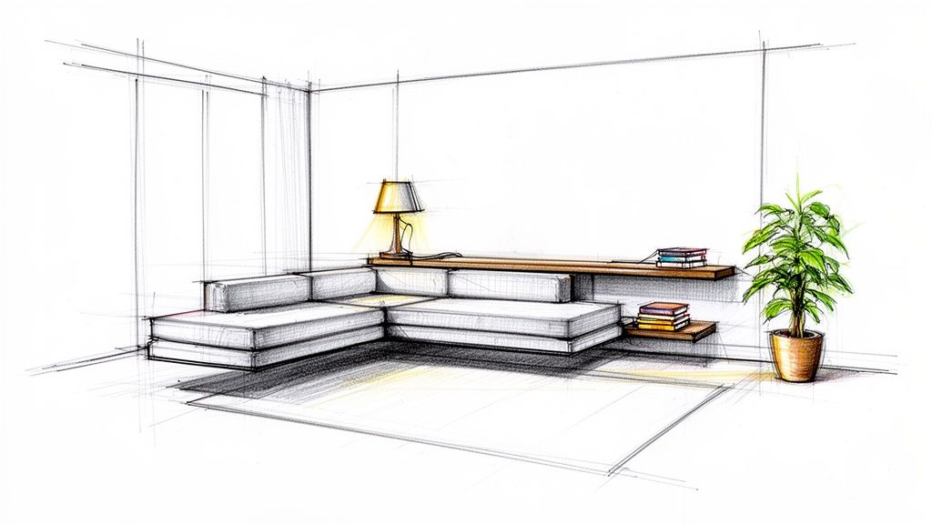 Hand-drawn sketch of a modern living room interior with an L-shaped sofa, shelves, a lamp, and a potted plant.