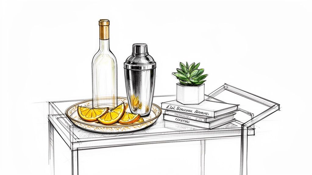 A detailed sketch showing bar cart essentials including a bottle, shaker, orange slices, a plant, and books.