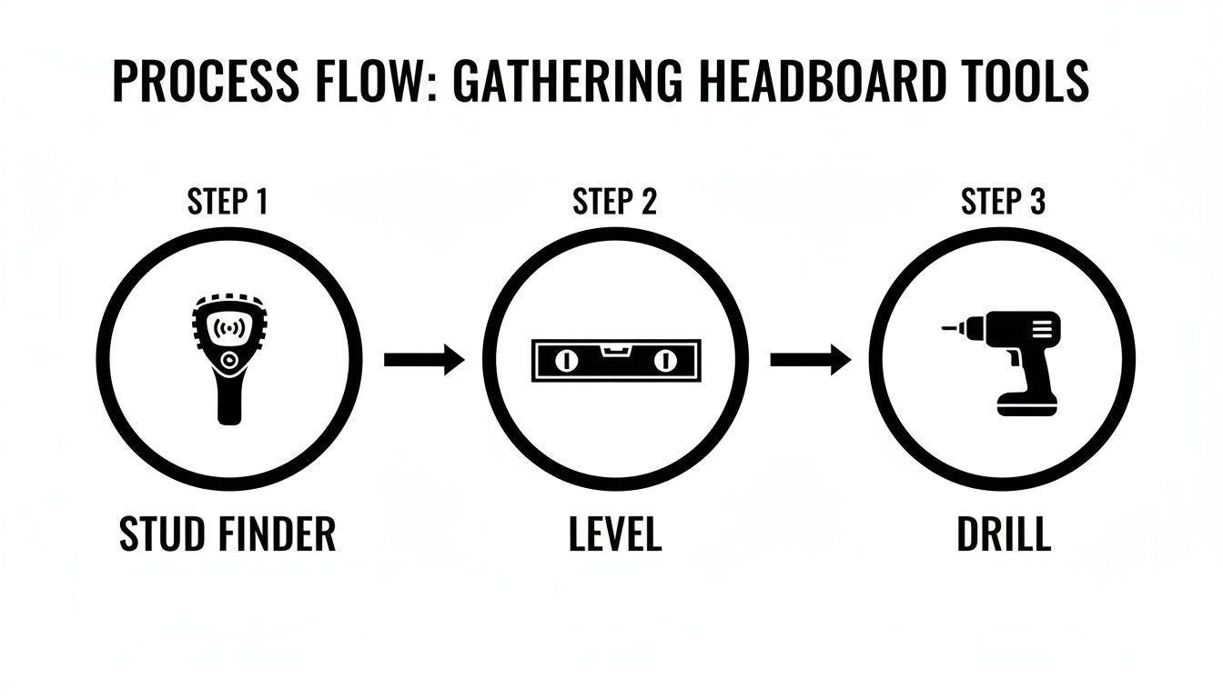 Process flow showing the steps to gather tools for attaching a headboard: stud finder, level, and drill.