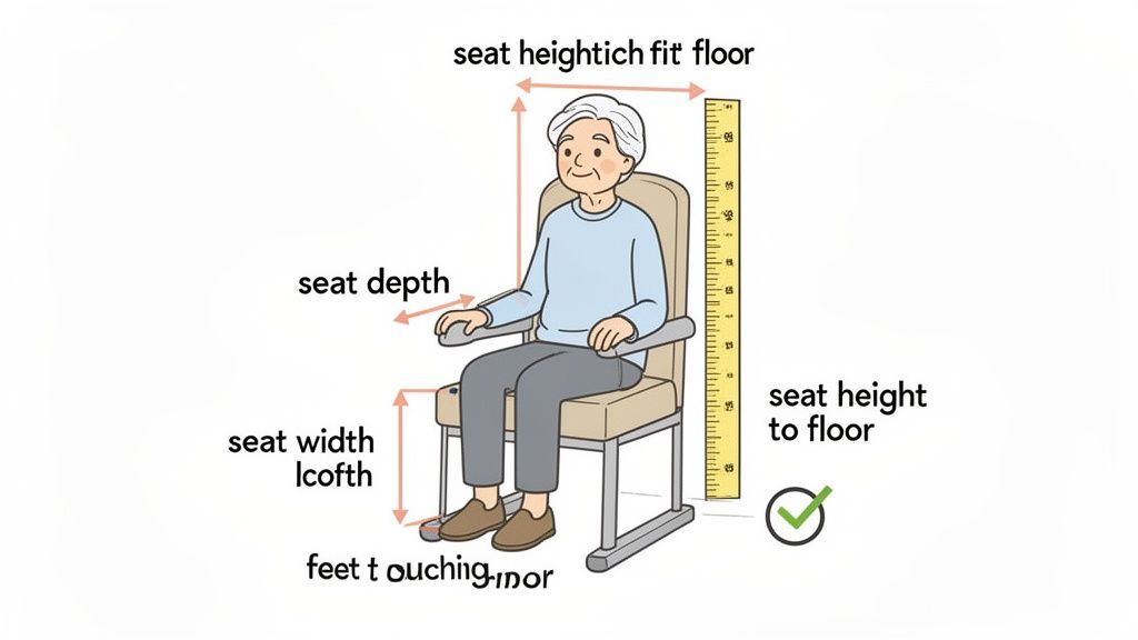 An illustration showing an elderly person sitting on a chair, demonstrating correct seat measurements for comfort and support, with feet touching the floor.