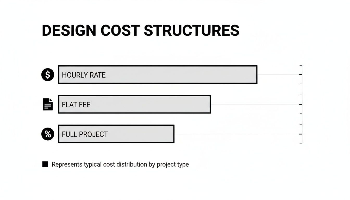 Horizontal bar chart illustrating design cost structures: hourly rate, flat fee, and full project percentage.