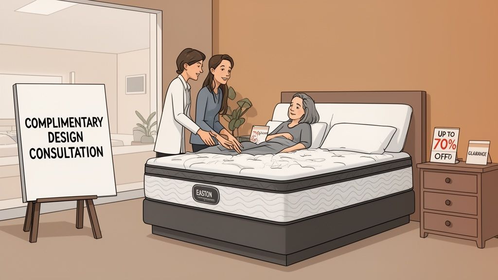 Three women in a mattress showroom; one tries an Easton mattress while two sales associates assist her, surrounded by promotional signs.