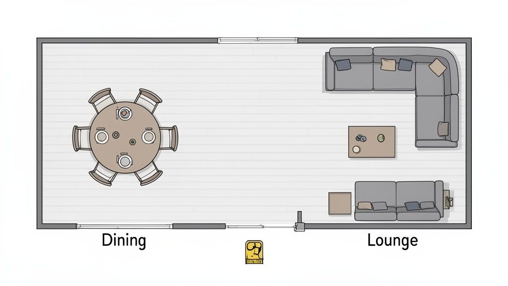 Overhead floor plan of a rectangular room with a dining area and a lounge area.