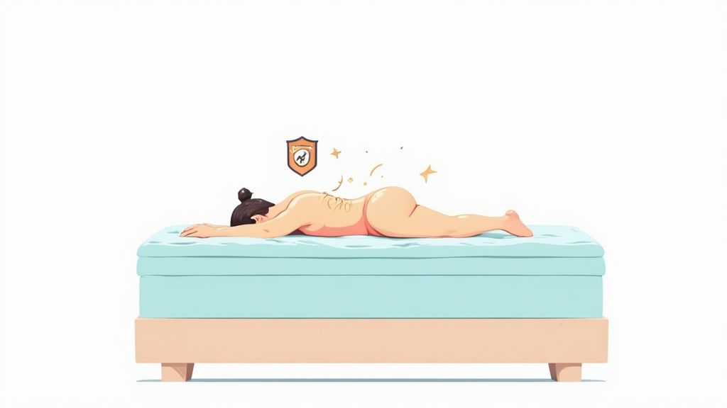 A person receives acupuncture treatment while lying face down on a light blue mattress.