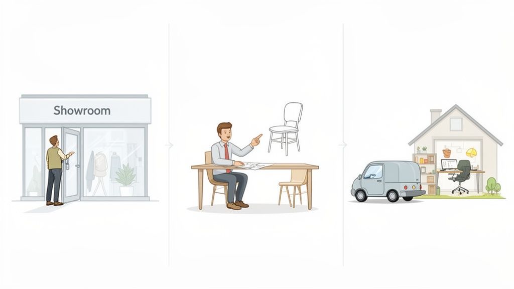 Three panels depicting the order process for a personalized office chair, from showroom selection to home delivery.