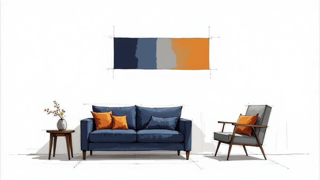 A minimalist sketch of a living room with a blue sofa, orange cushions, and an armchair.
