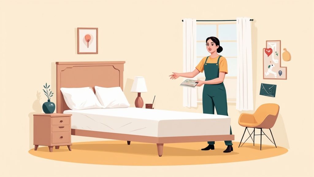 A woman holding a magazine in a modern bedroom with a neatly made bed and window.