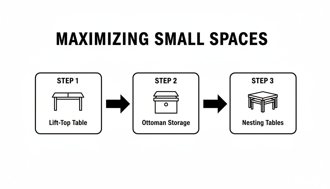 Diagram showing three steps to maximize small spaces: lift-top table, ottoman storage, and nesting tables.
