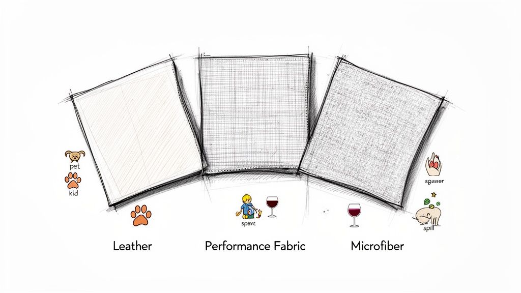 Diagram comparing leather, performance fabric, and microfiber sofa upholstery, illustrating resistance to spills and pets.
