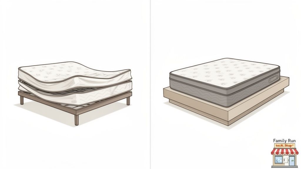 Visual comparison showing a worn box spring and mattress versus a solid platform bed.