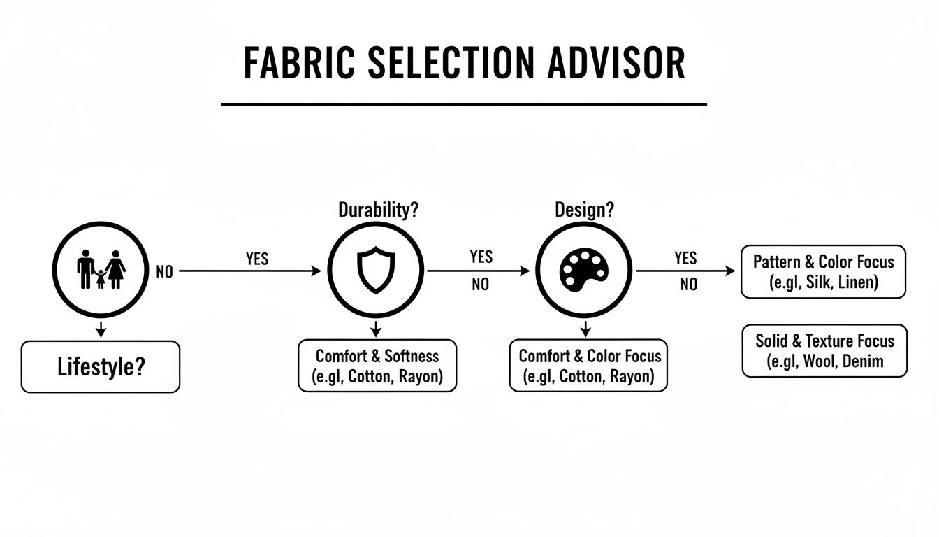 A fabric selection advisor flowchart guiding choices based on lifestyle, durability, and design, with fabric examples.