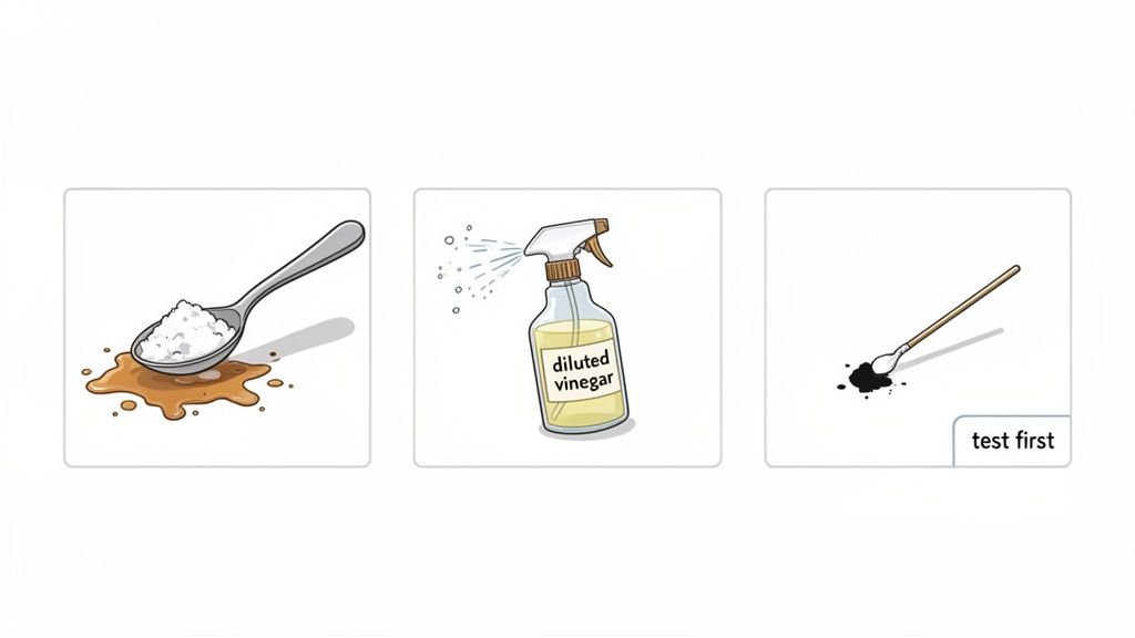Three images showing natural cleaning supplies: baking soda on a spoon, diluted vinegar spray, and a cotton swab with a stain.