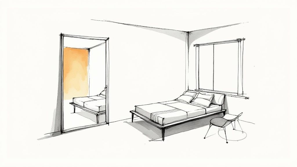 A bright small bedroom with light-colored furniture and a strategically placed mirror reflecting natural light.