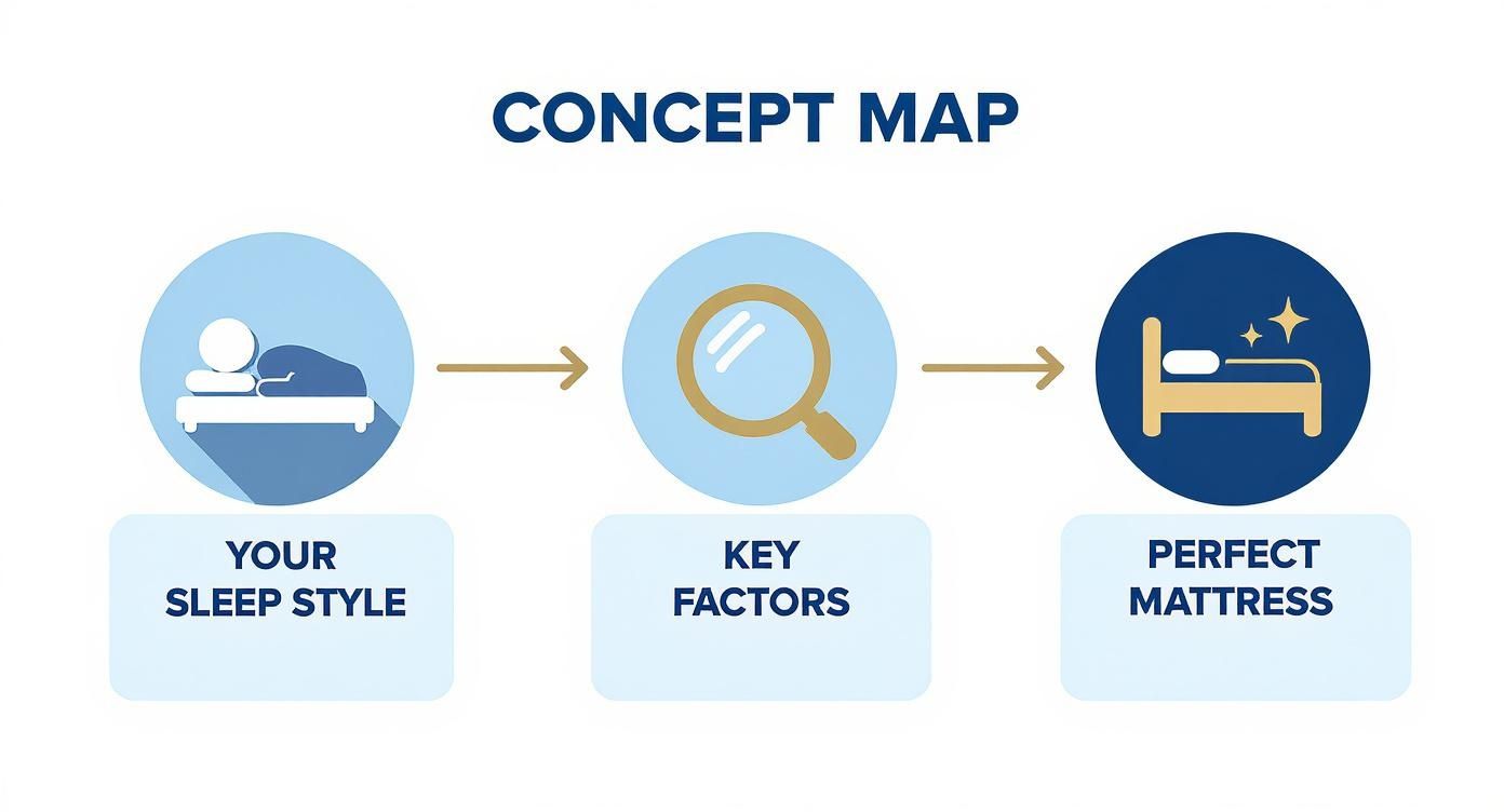 A concept map illustrating the journey from understanding your sleep style to finding the perfect mattress.