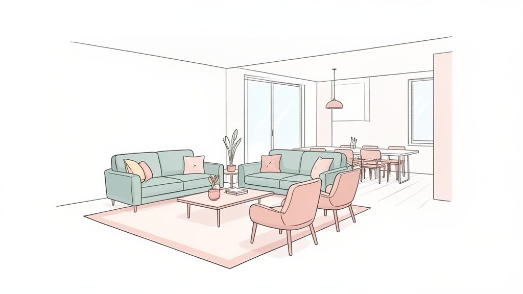A pastel-colored sketch of a modern open-plan living and dining room with teal sofas and pink chairs.