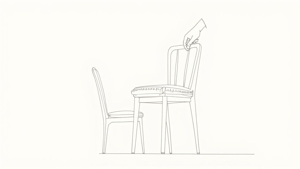 A line drawing shows a hand adjusting a tall chair next to a shorter one, illustrating seat height.