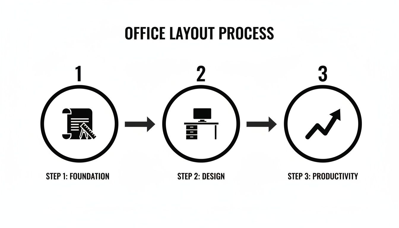 A three-step office layout process showing foundation, design, and productivity stages with icons.
