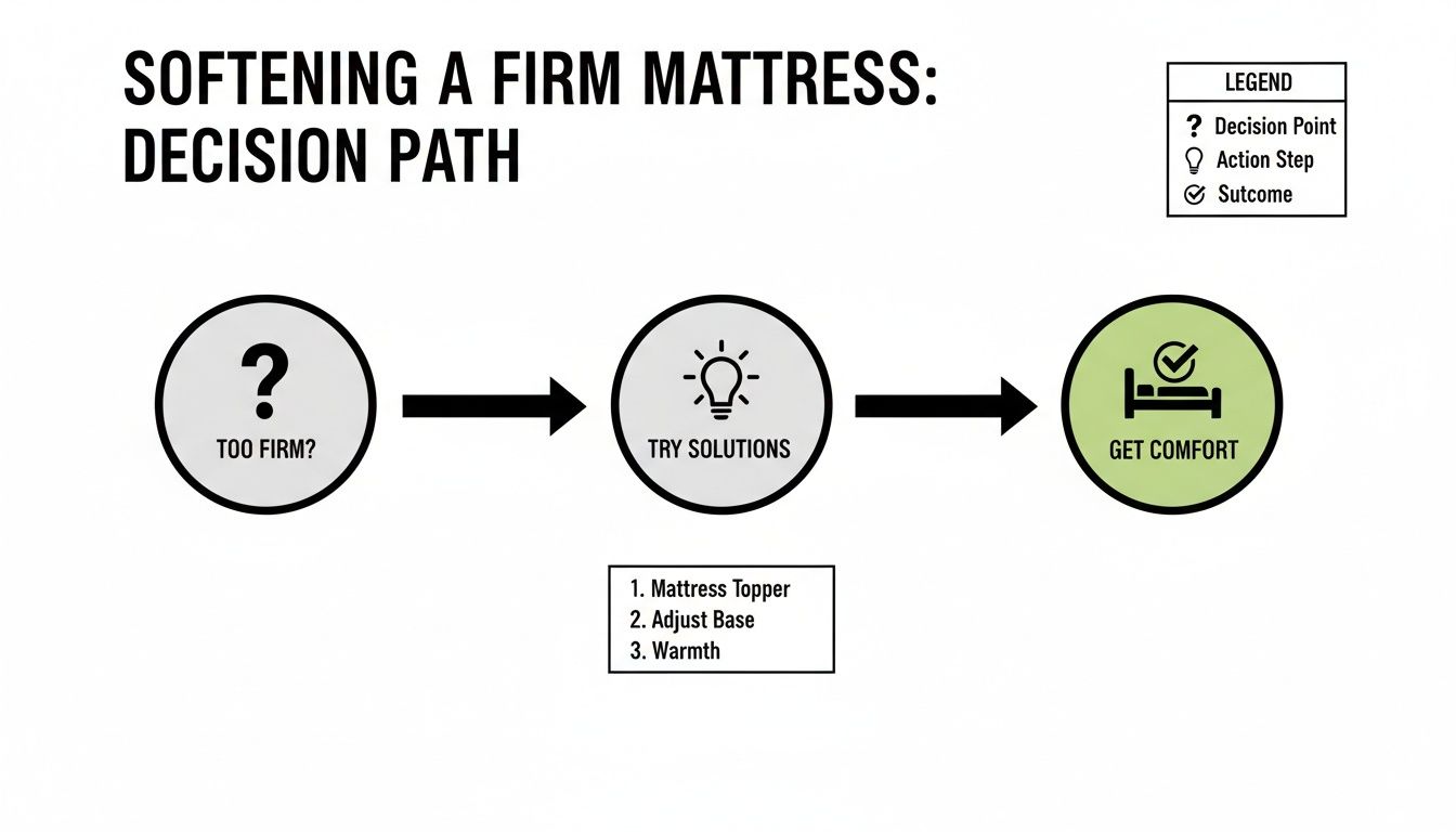 Decision path flowchart: Is mattress too firm? Try solutions (topper, adjust base, warmth) to get comfort.