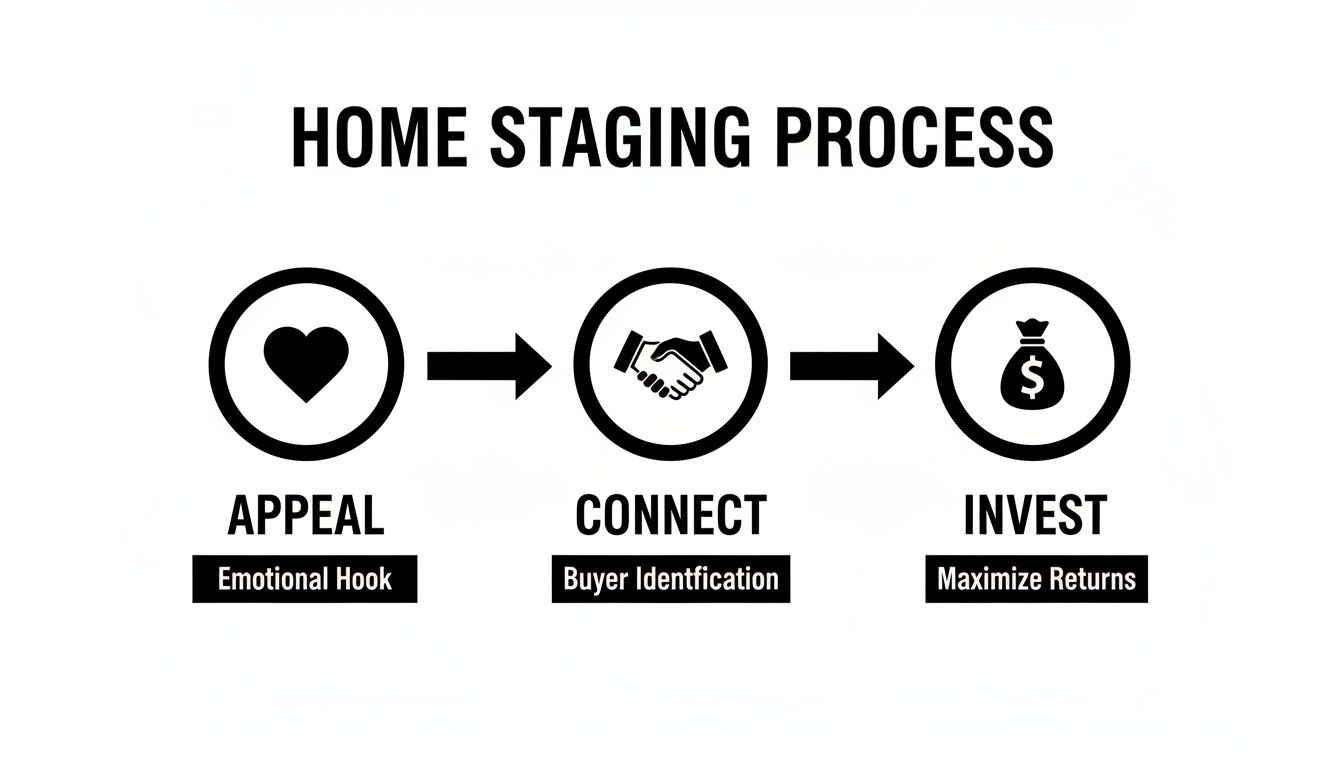 An infographic showing the three steps of the home staging process: Appeal, Connect, Invest.