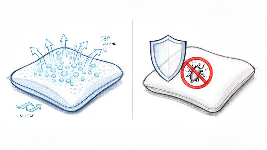 Sketches of pillows showcasing breathability, allergy prevention, and mite protection.