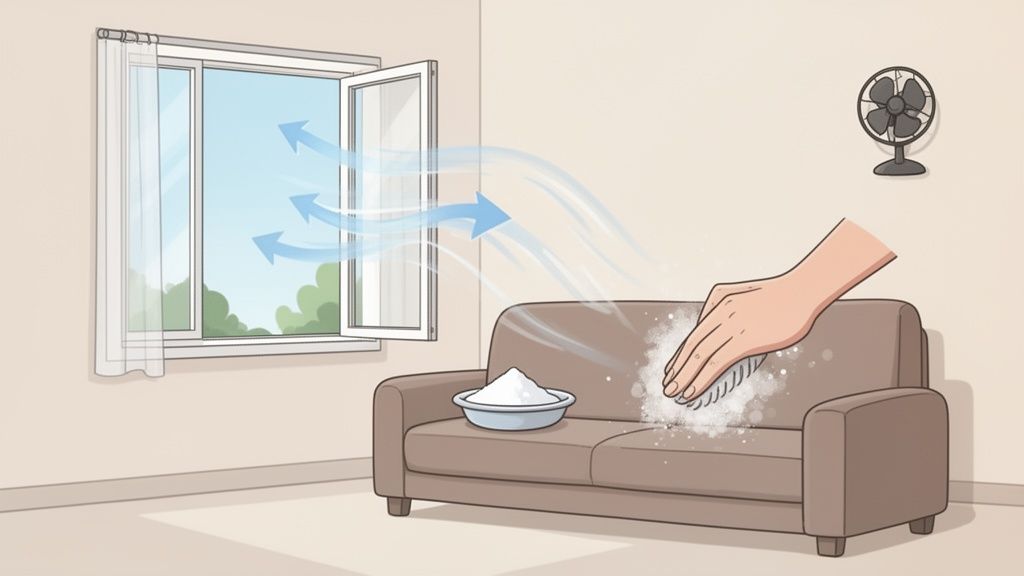 A hand applies white powder to a brown sofa, with an open window and fan for ventilation.