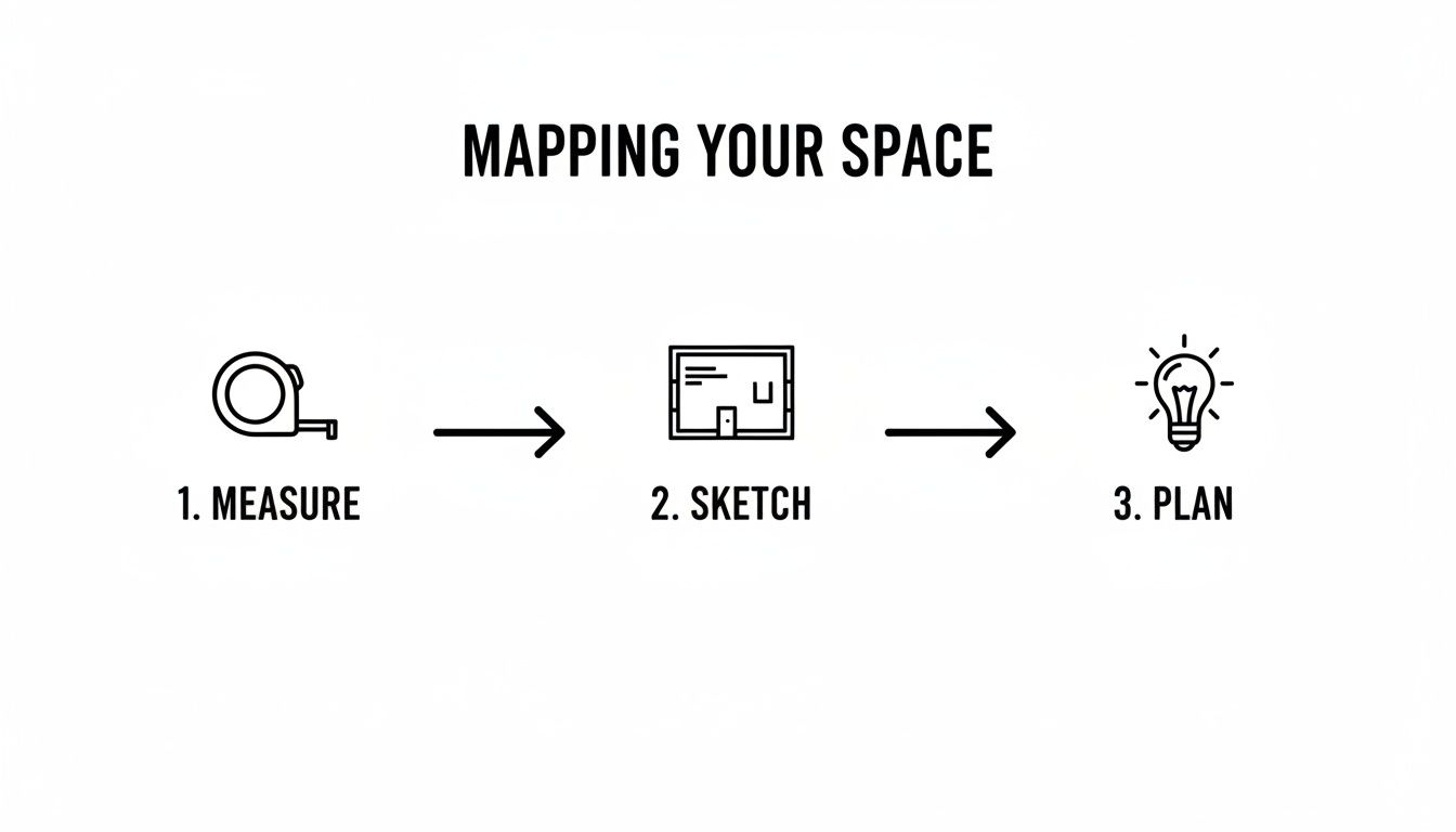 An image illustrating the steps to map your space: measure, sketch, and plan, with icons.