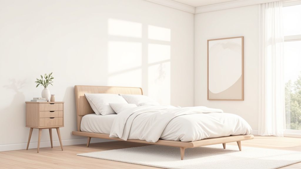 A serene, minimalist bedroom with a light wood bed, white linens, and a plant on a nightstand.