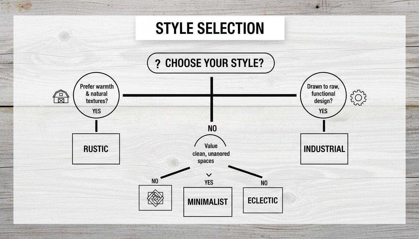 Flowchart guiding style selection for interior design, featuring Rustic, Industrial, Minimalist, and Eclectic options.