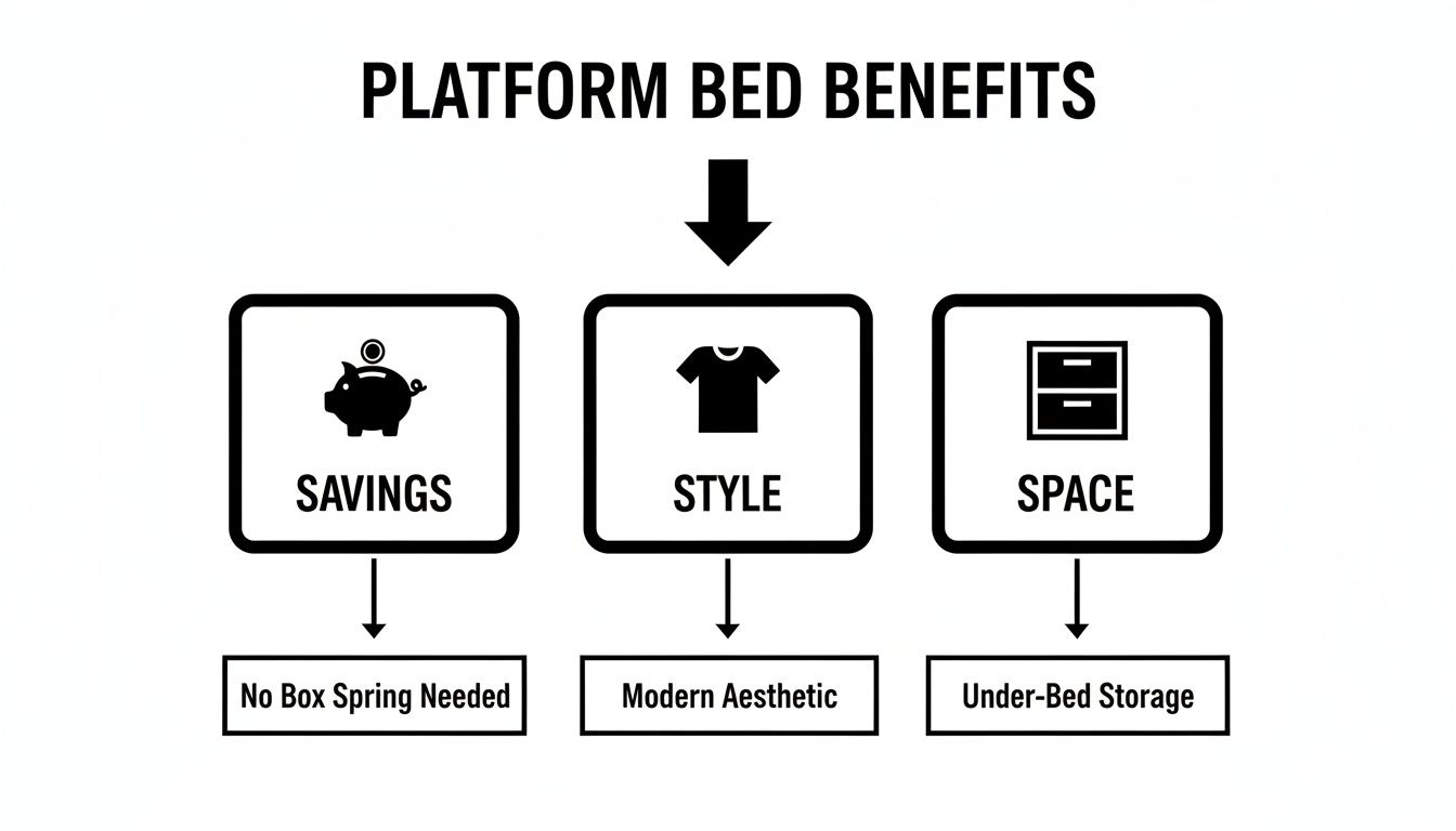 Infographic detailing platform bed benefits: savings (no box spring), modern style, and under-bed storage space.
