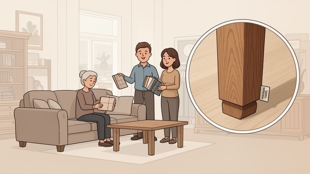 Three people in a living room discuss fabric samples for new furniture, showing a wooden leg detail.