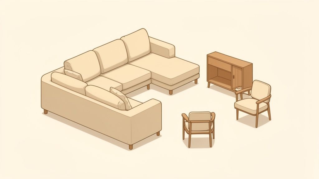 An isometric illustration featuring a cream U-shaped sectional sofa, two armchairs, and a wooden storage cabinet.
