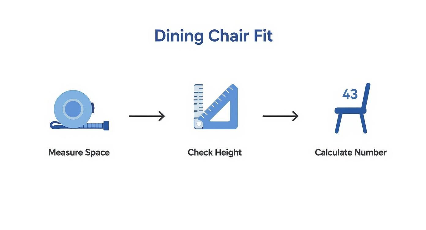 Three-step guide showing how to measure space, check height, and calculate dining chair fit