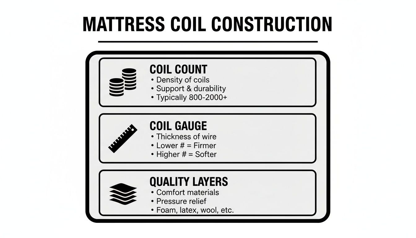 Infographic detailing mattress coil construction, covering coil count, coil gauge, and quality layers for support.