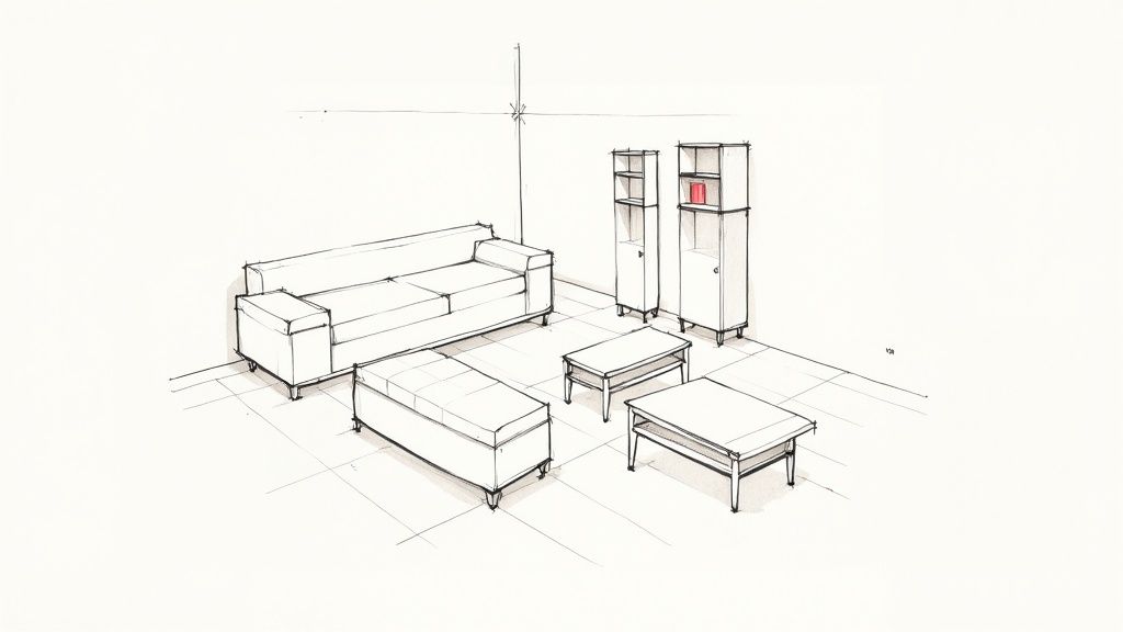 An architectural sketch showing a living room with modern sofa, ottoman, coffee tables, and storage cabinets.