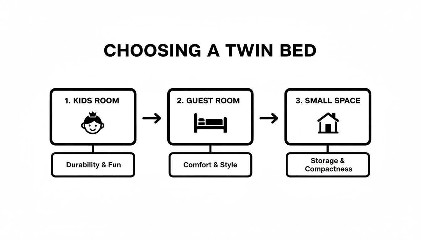 Flowchart illustrating how to choose a twin bed based on room type: kids, guest, or small space, with key considerations.