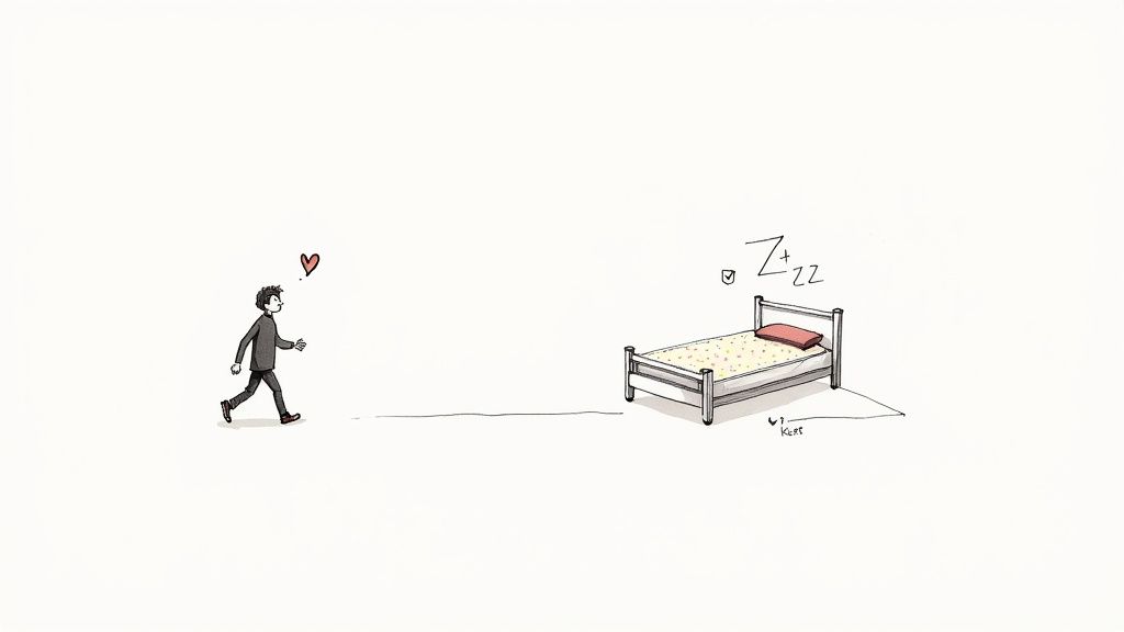 A whimsical cartoon shows a person with a heart walking eagerly towards a bed with 'Zzz' for sleep.