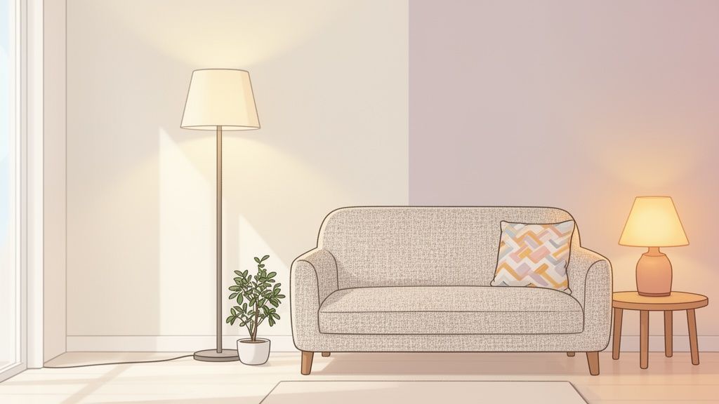 A cozy, minimalist living room with a beige sofa, floor lamp, side table, and potted plant, bathed in warm light.