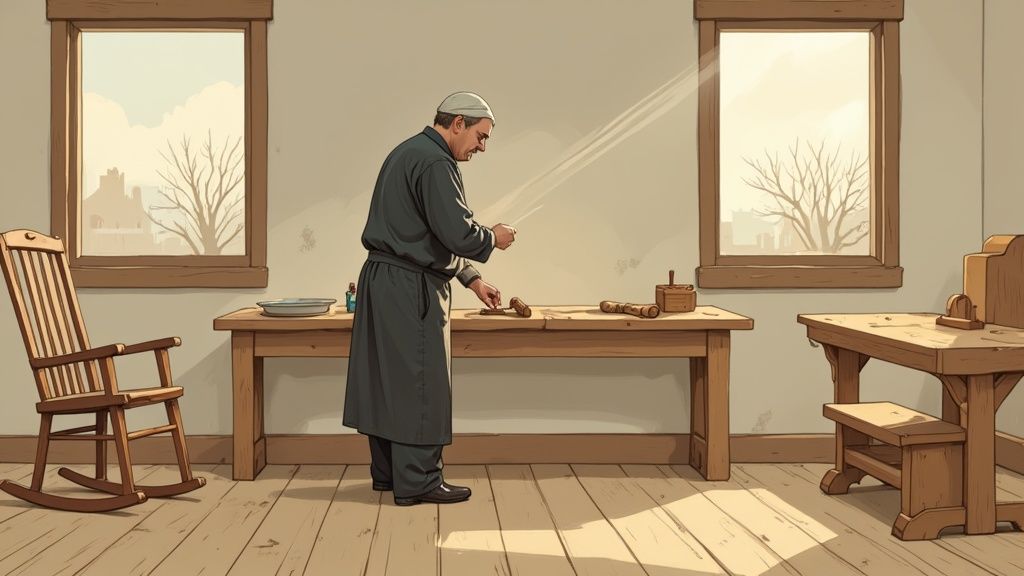 Amish craftsman woodworker handcrafting furniture in traditional workshop with wooden tools and natural light