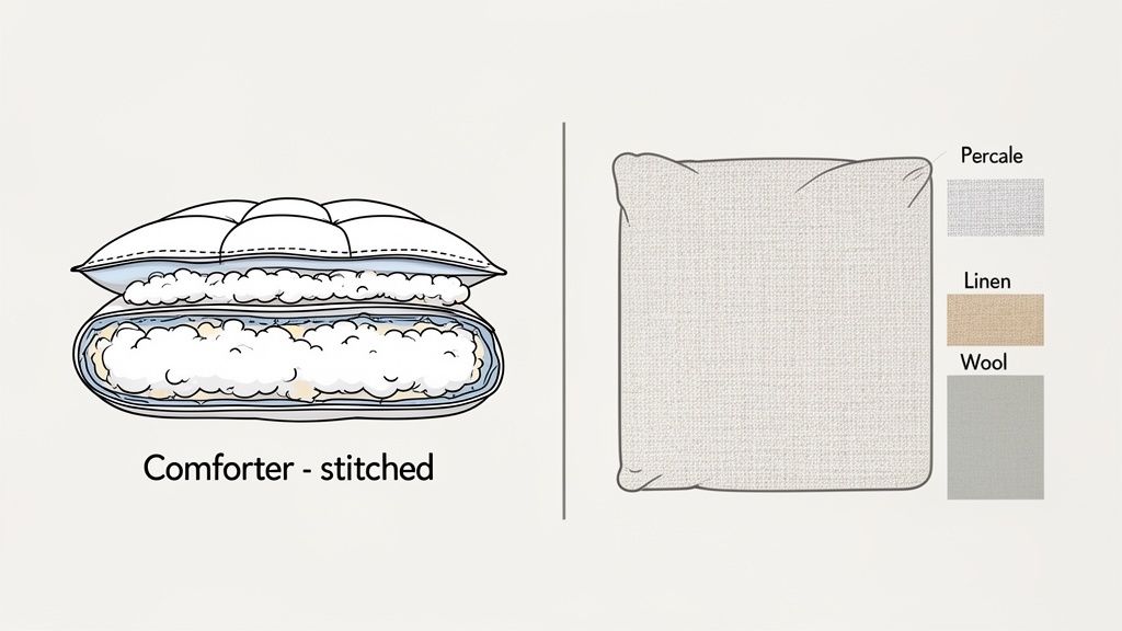 Illustration showing a cut-away stitched comforter with filling, and a pillow with fabric swatches: Percale, Linen, Wool.