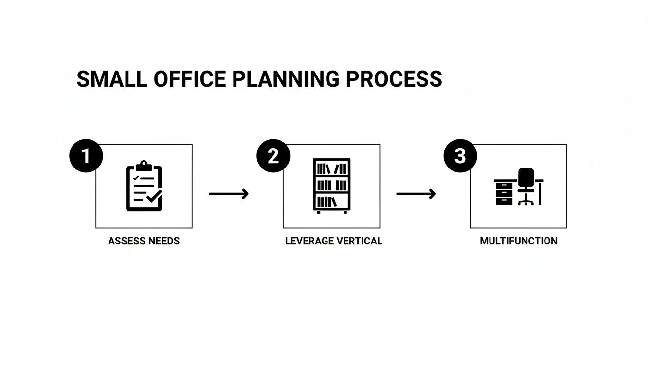 A three-step infographic illustrating the small office planning process: assess needs, leverage vertical space, and multifunction.