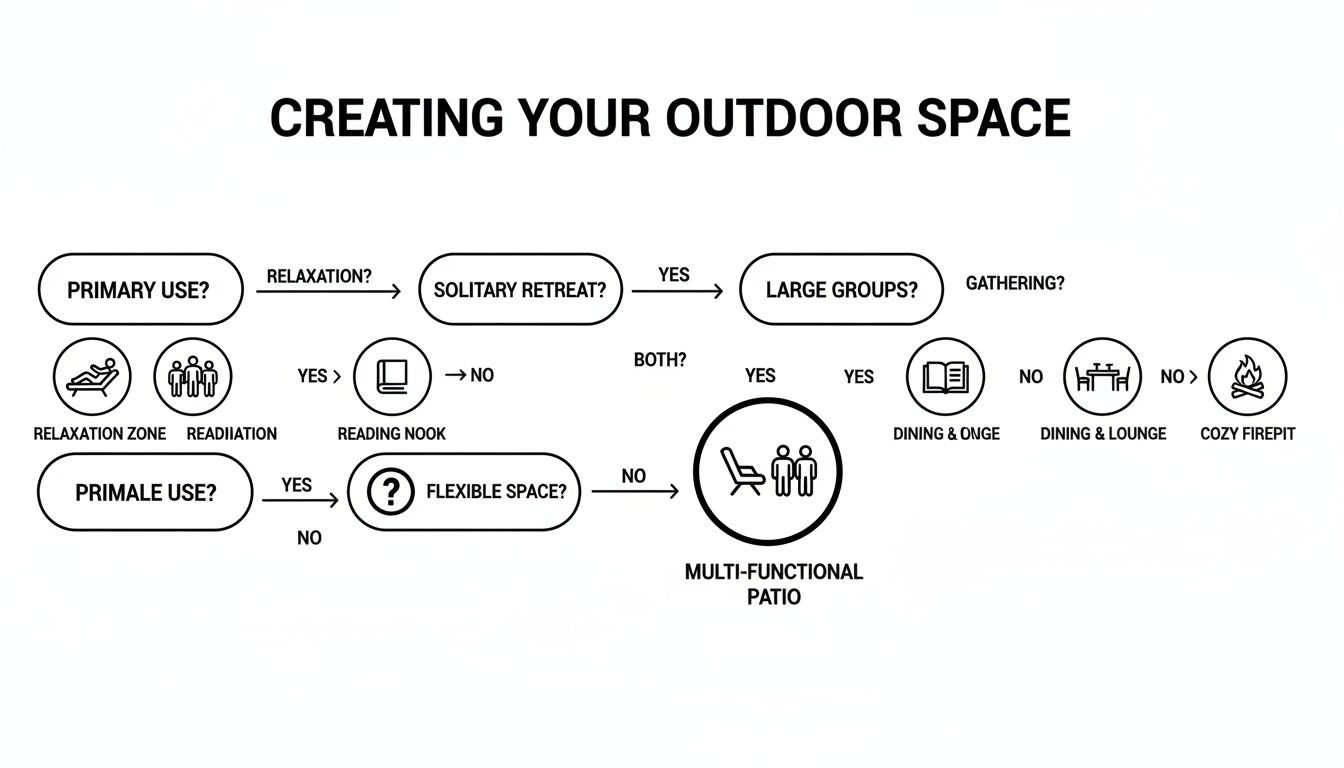 Flowchart guiding users through creating their outdoor space, based on primary use and activities.