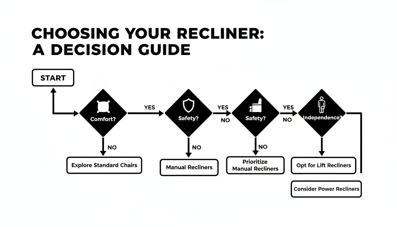 A flowchart decision guide for choosing a recliner, based on comfort, safety, and independence.