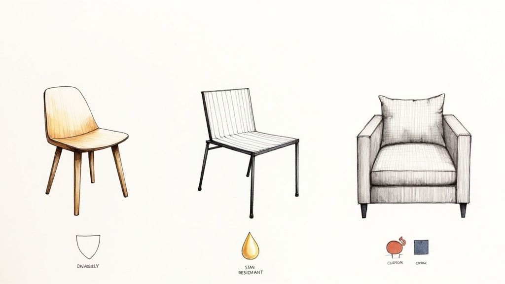 Three different chair styles showing durability, stain resistance, and comfort features for dining rooms