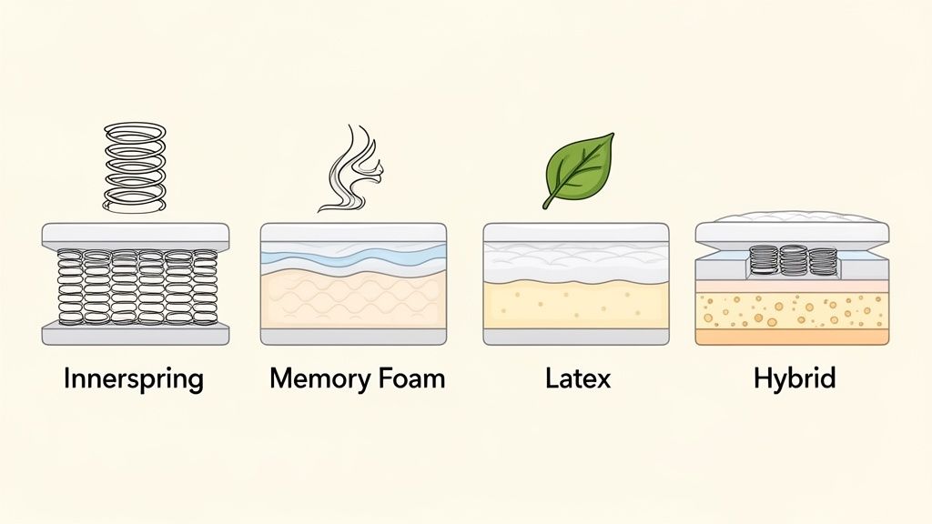 Four distinct mattress types illustrated: Innerspring, Memory Foam, Latex, and Hybrid, showcasing their internal layers.