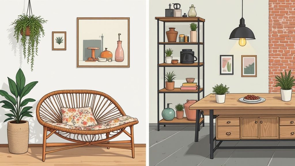 A living room with an Eclectic and Industrial mix, featuring exposed brick, metal accents, and a variety of textures.