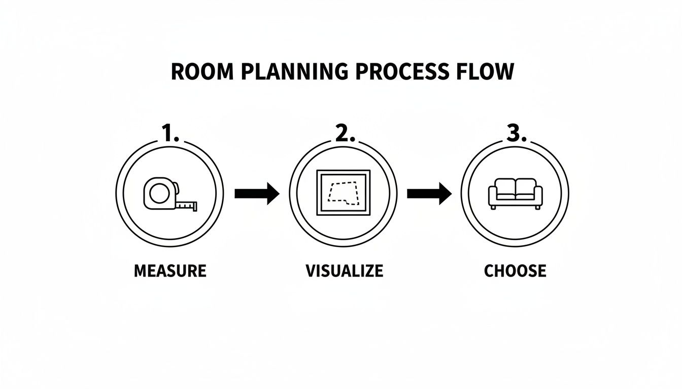 Infographic showing a three-step room planning process: Measure, Visualize, and Choose.