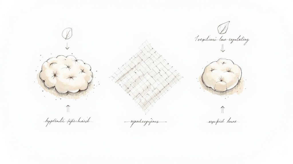 Conceptual diagram showing natural and artificial material processes, temperature regulation, and a woven grid structure.