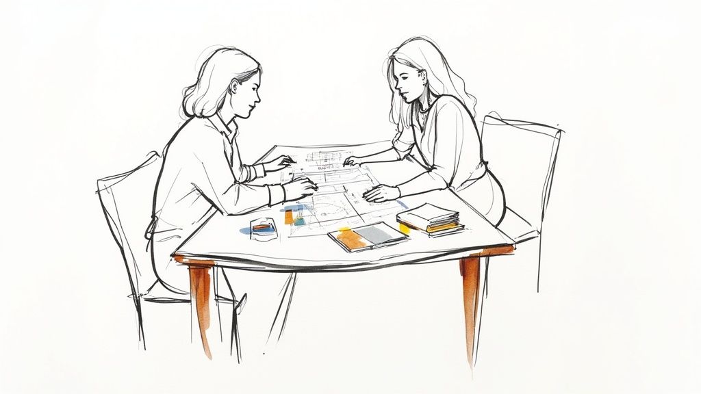 Two women reviewing architectural plans and design samples on a table, collaborating.