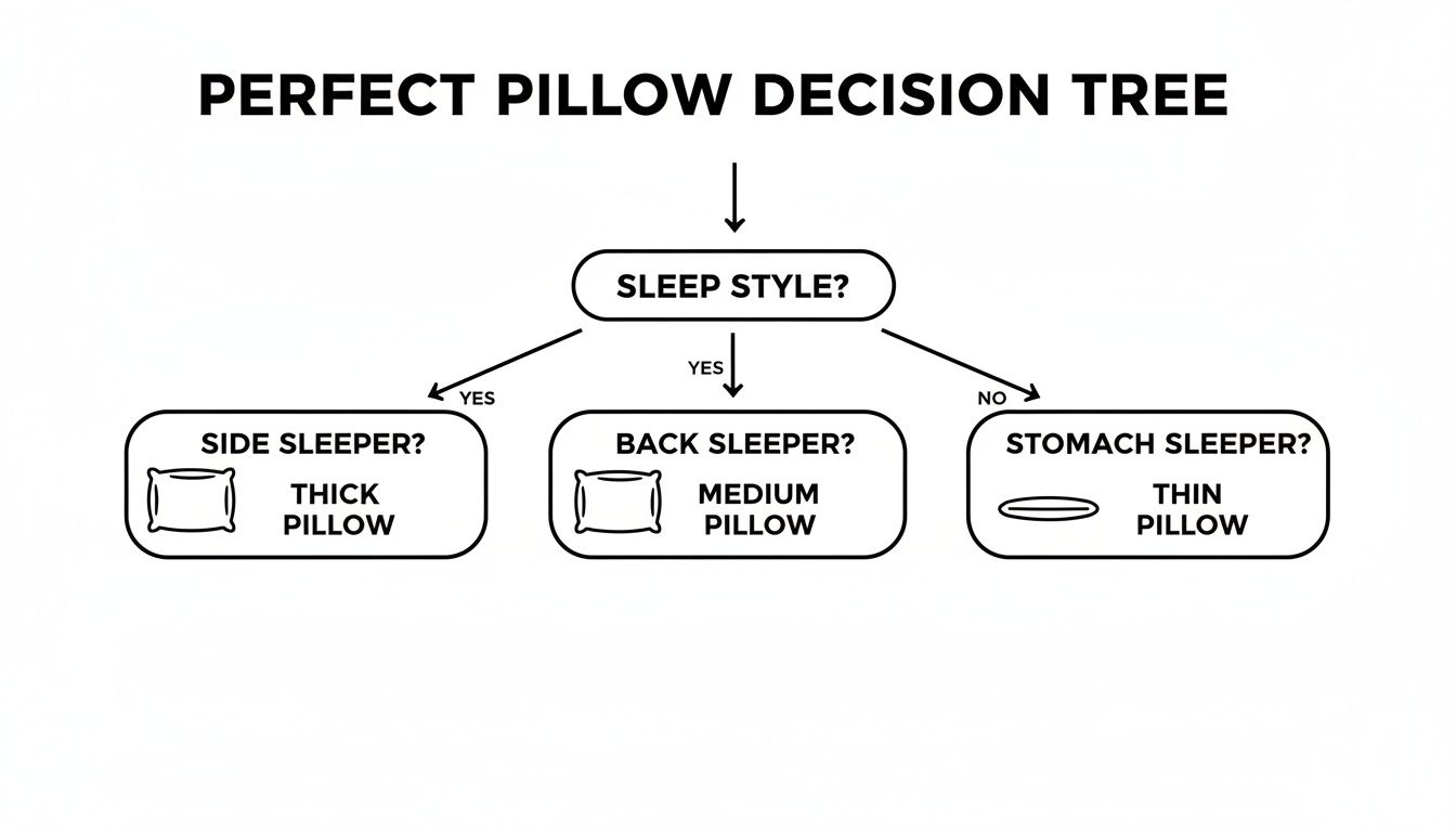 A decision tree visualizes how to choose the perfect pillow based on sleep style: side, back, or stomach.